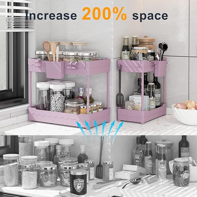 2 Pack Under Sink Organizer, Under Bathroom Cabinet Organizer with Hooks Hanging Cup, Multi-Purpose Storage Shelf for Kitchen Bathroom (Pink, L)-NeatNest