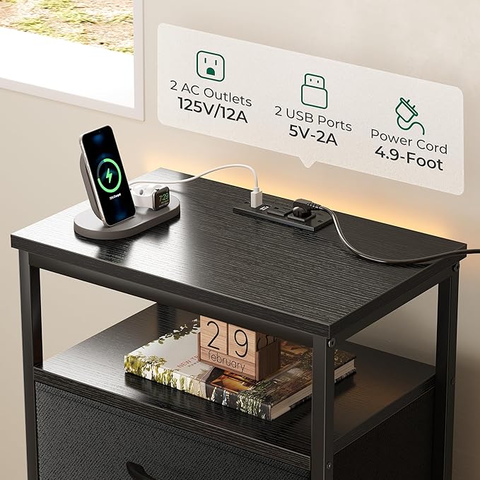 Huuger Night Stand with Charging Station, 4 Drawer Dresser for Bedroom, Bedside Table, 33.9 Inch Tall Nightstand with Open Shelf, End Table, for Closet, Entryway, Bedroom, Black 8055BC