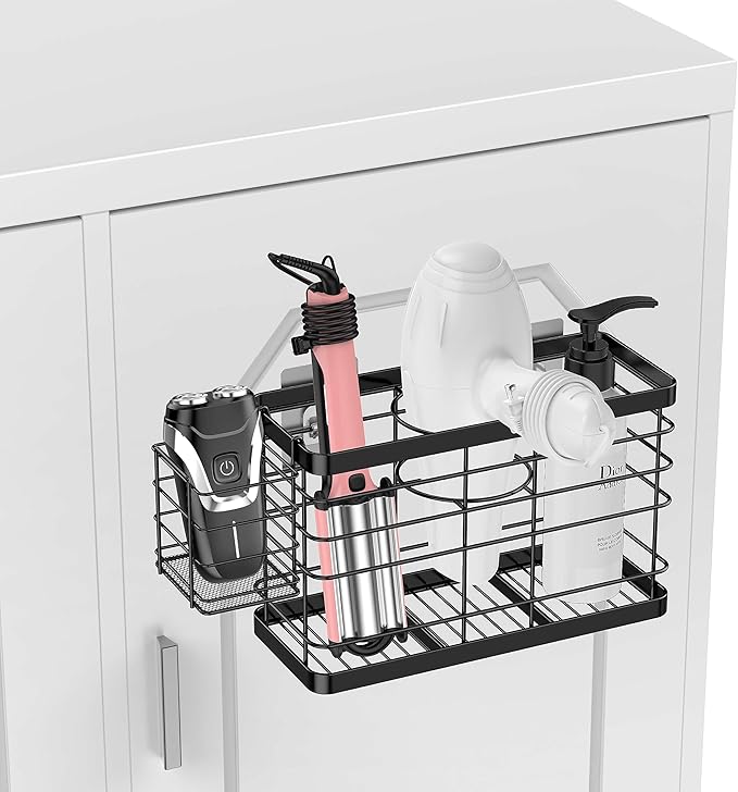 Hair Tool Organizer - Black Steel Wall Mounted Hair Dryer Holder with Removable Basket, 10.62"L x 4.33"W x 6.69"H, Ideal for Small Bathrooms-NeatNest