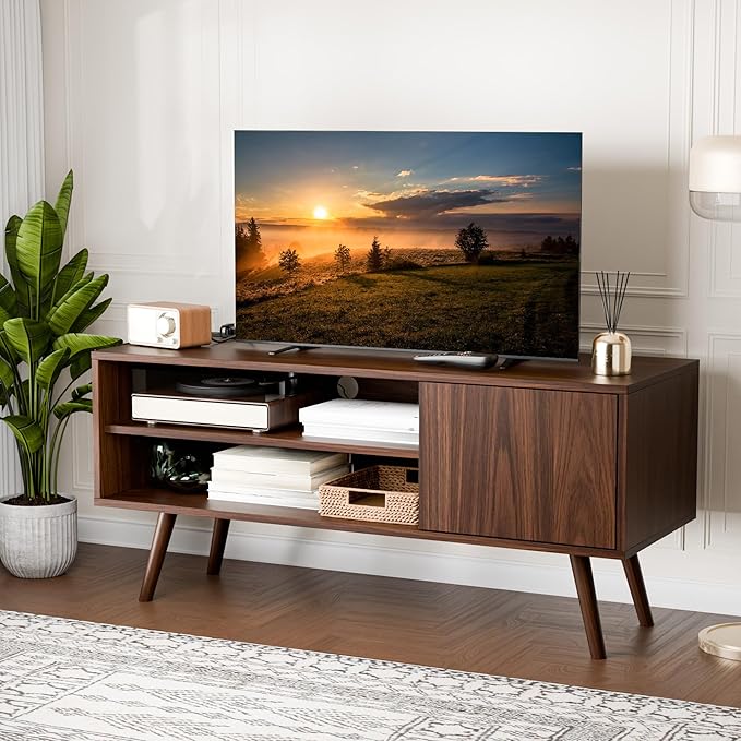 Cozy Castle TV Stand for 48 Inch TV, Mid Century Modern Entertainment Center with Storage Cabinet, TV Media Console for Living Room, Bedroom, Dark Brown-NeatNest