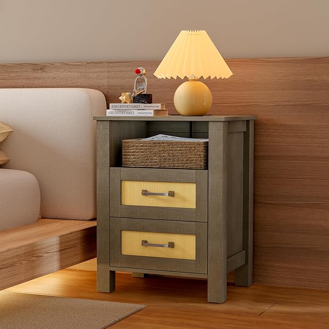 JUMMICO 26.18" End Table with Charging Station and Rattan Drawers, Farmhouse Nighstand, Wooden Storage Bedside Table, Living Room, Bedroom(1,Vintage Gray)