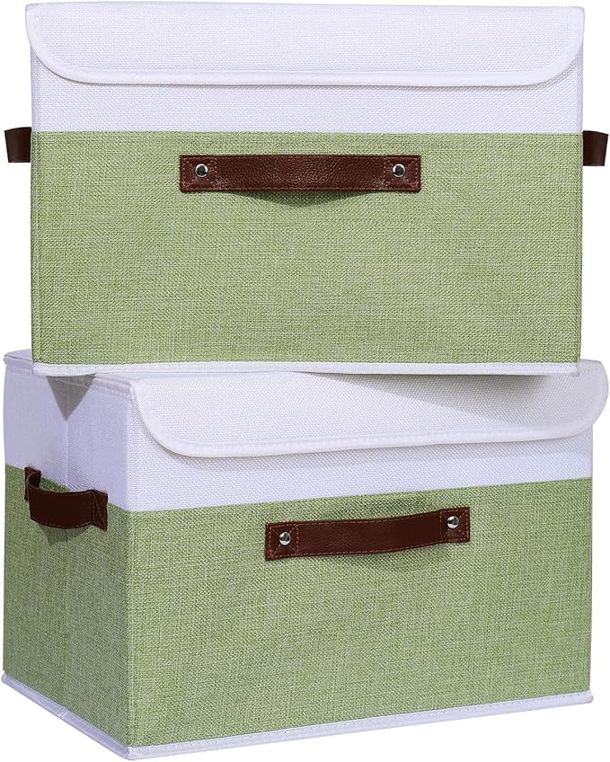 ANMINY 4PCS Storage Boxes with Lid Washable Decorative Storage Bins Basket with PU Leather Handle Foldable Linen Fabric Storage Cubes Containers for Home Closet Organizer - Green White, Large Size-NeatNest