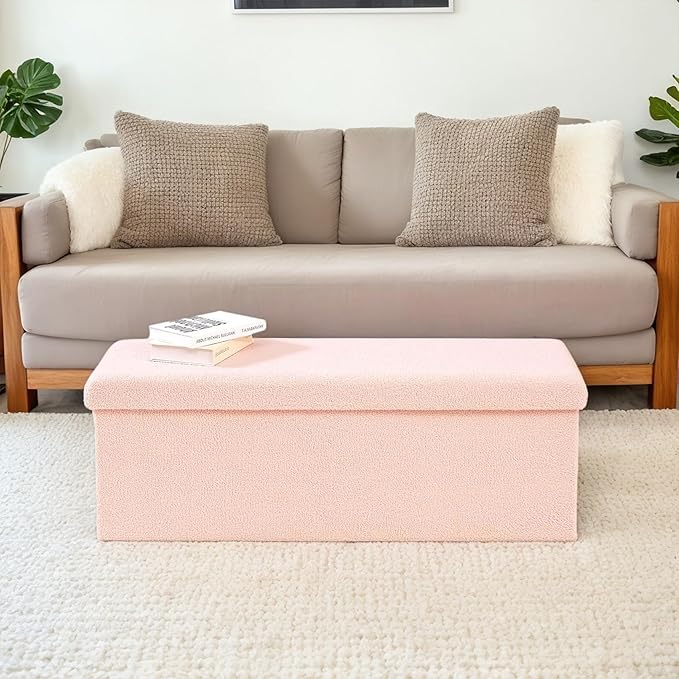 43 Inches Storage Ottoman Bench - Extra Large Foldable Ottoman with Storage, Bench for Living Room, Bedroom, Entryway - Pink