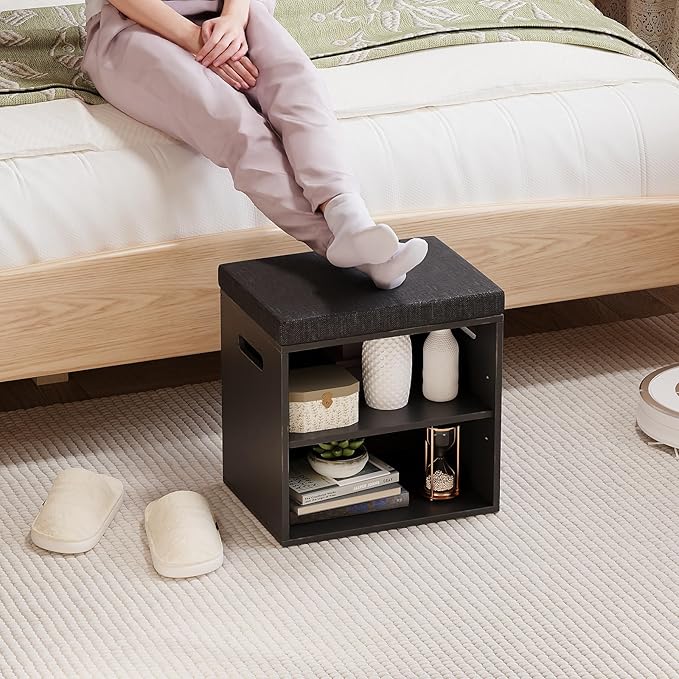 Bamboo Small Shoe Bench for Entryway 2 Tier Shoe Storage Bench with Cushion Adjustable Shoe Rack with Padded Seat for Living Room Hallway (Antique Black)