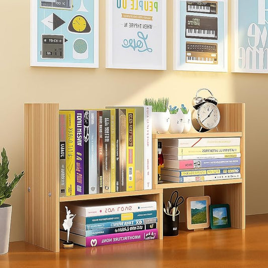 Desktop Shelf Organizer, Adjustable Wood Office Storage Rack, Counter Display Small Bookshelf for Home/Office/School(Light Walnut)-NeatNest