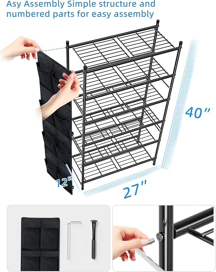 6-Tier Shoe Rack, 27" Wide Shoe Organizer for Closet, 24 Pairs Large Metal Shoe Shelf, Entryway, Bedroom, Black-NeatNest