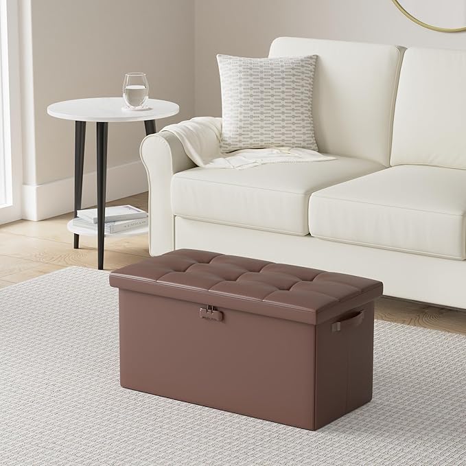 DocSafe Storage Ottoman Bench with Lock,Fireproof 30 Inches Folding Bench Foot Rest Stool Storage Chest Safe for Living Room,Bedroom,Home Office,Waterproof Leather Ottoman with Handles,Brown-NeatNest