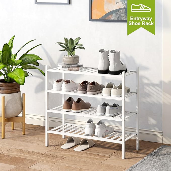 BMOSU 4-Tier Bamboo Shoe Rack Premium Stackable Shoe Shelf Storage Organizer for Hallway Closet Living Room Entryway Organizer(White Bamboo)-NeatNest