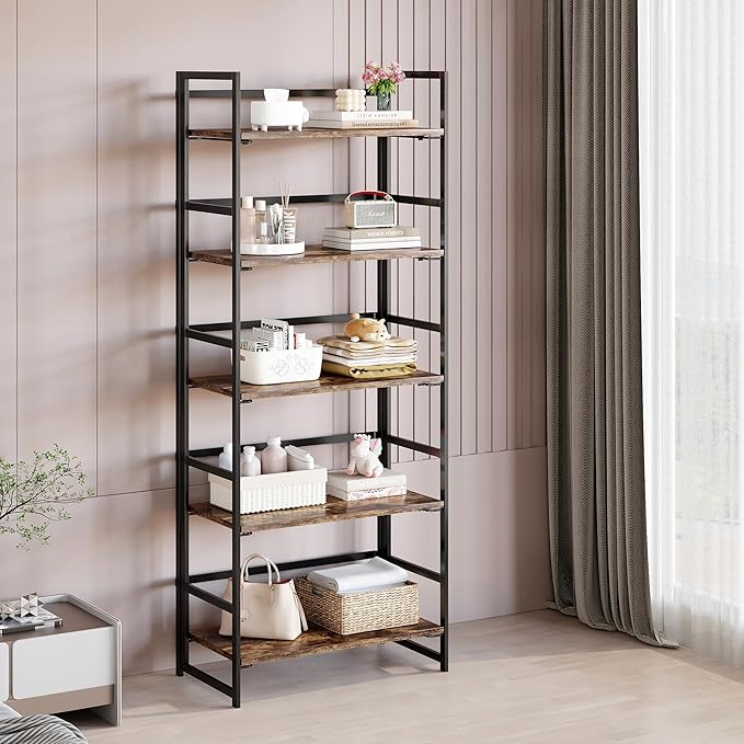 BHG Vintage Multifunctional Folding Bookshelf, No-Assembly Plant Stand Storage Rack Shelves for Home Office (Fire, 5-Tier)-NeatNest
