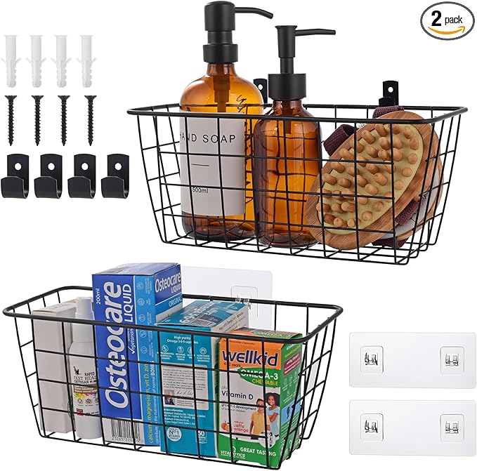 LIGHT DUST Wire Hanging Wall Basket, 2 Black Baskets Set, Adhesive Wall Mount Organizer for Pantry Kitchen RV Bathroom Cabinet Storage Organization-NeatNest