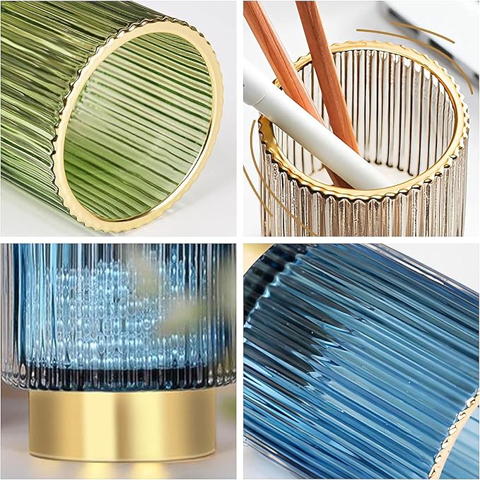DASITON Makeup Brush holder Organizer,Crystal Cosmetic Makeup Brush Glass Brushes Storage Holder, Vintage Make Up Brush Cup Pen Pencil Holder striped vase(Blue S+L)-NeatNest