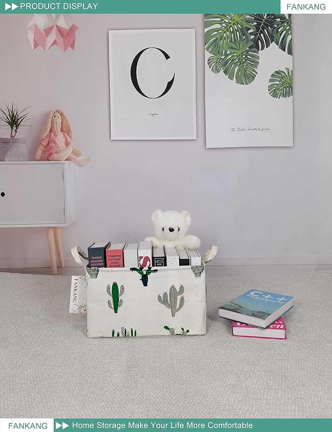 FANKANG Storage Basket,Nursery Hamper Canvas Laundry Basket Foldable with Waterproof PE Coating Storage, Office, Bedroom, Clothes,Toys (L, Rec-Cactus)