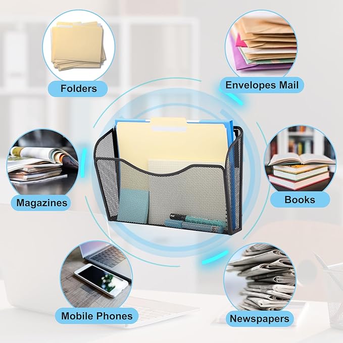 EASEPRES Magnetic 3 Single Pocket Mesh Hanging File Organizer, Vertical Wall Mounted Magazine File Holder, Mount Basket Mail Paper Document Folder Organizing for Office, Home and School, Black