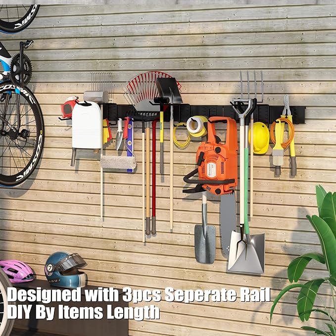 48 Inches Garage Organization,Wall Mount Garden Tool Organizer,660lbs Adjustable Heavy Duty Metal Hanging Hooks, Garden Tool Hangers Storage Rack for Garage, Yard, and Shed (3 Racks, 9 Hooks)