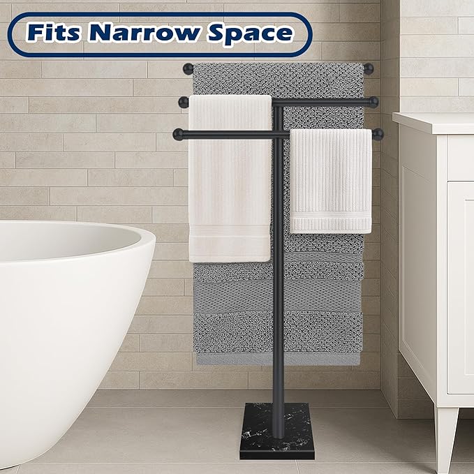 3-Tier Freestanding Towel Rack with Marble Base,Standing Tower Rack Fits Versatile Space,Stable Towel Racks for Bathroom, Matte Black Finish