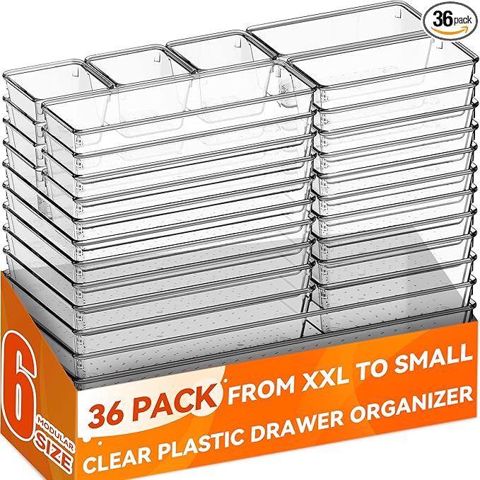 Criusia 36 Pack Large Clear Plastic Drawer Organizer Bins - 6 Size Acrylic Kitchen Drawer Organization and Storage for Utensils Gadgets, Office Bathroom and Vanity Organizer for Makeup Accessoires-NeatNest