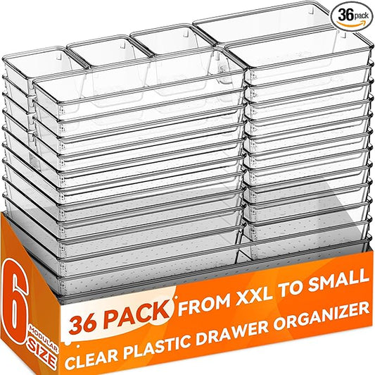 Criusia 36 Pack Large Clear Plastic Drawer Organizer Bins - 6 Size Acrylic Kitchen Drawer Organization and Storage for Utensils Gadgets, Office Bathroom and Vanity Organizer for Makeup Accessoires-NeatNest
