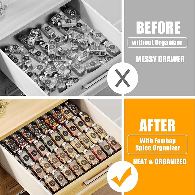 Famhap Spice Drawer Organizer, 8 Tier Expandable from 11.7" to 23.2" Seasoning Rack Tray Insert for Kitchen Drawers, Spice Rack Tray for Drawer/Countertop (Black)-NeatNest