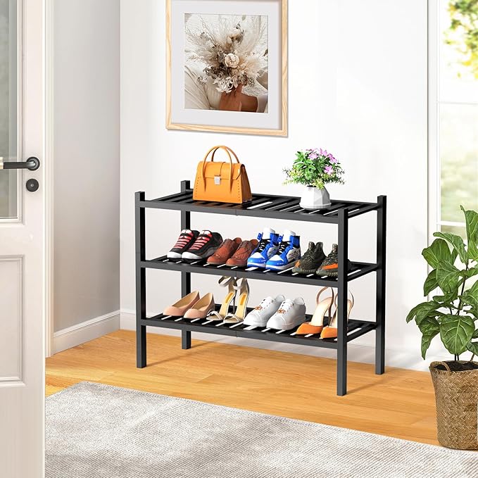 Shoe Rack, 3 Tier Bamboo Shoe Rack for Closet, Stackable Wooden Shoe Organizer, Free Standing Wood Shoe Shelf for Entryway Small Space, 27" x 11" x 21", Black-NeatNest