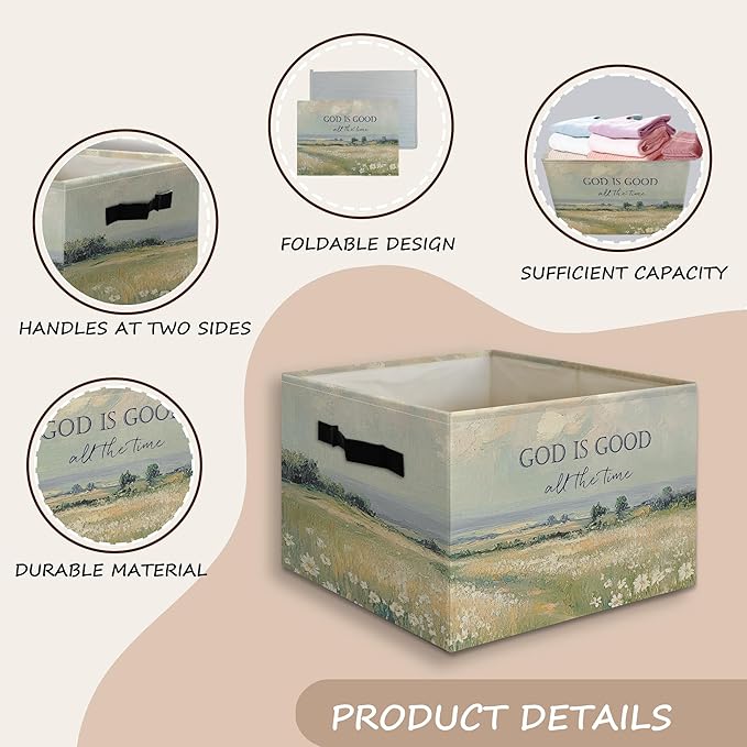 Cottagecore Christian Foldable Storage Bins Box with Handles, God Is Good All the Time Bible Verse Religious Collapsible Organizer Basket for Christian Home Room Clothes Toys Books-NeatNest