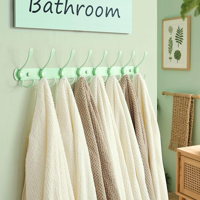 Dseap Coat Rack Wall Mount - 29.5” Long 8-Tri-Hooks Heavy Duty Coat Hanger Rail Wall Hooks for Hanging Coats Hats Clothing Clothes Purse Mudroom Entryway, Green, Pack of 2-NeatNest