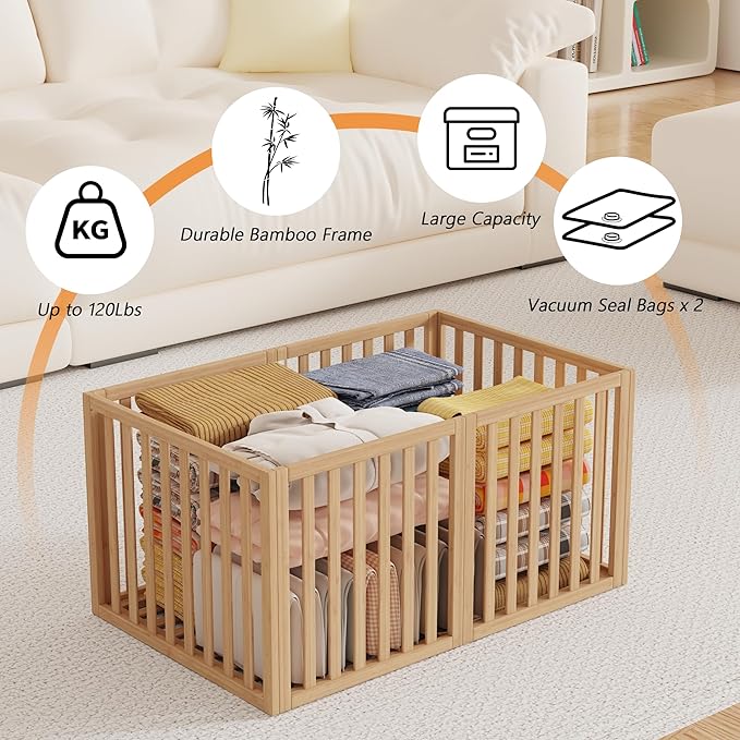 Bamboo Under Bed Storage Containers- Underbed Organizer with Wheels with Large Capacity Dust Bag,Sturdy Wood Rolling Under Bed Shoe Storage Organizer 2 Packs (Nature, 2 Packs Tall (25"×16"x12"))-NeatNest