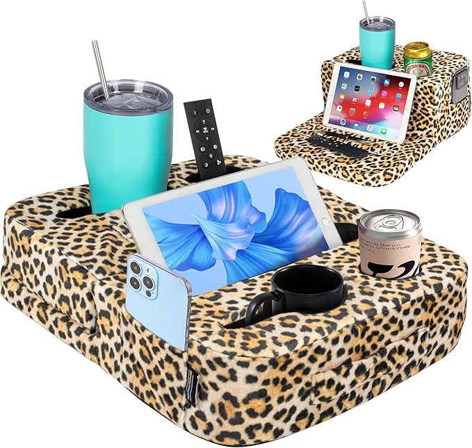 Couch Cup Holder Tray Pillow - Bed, Couch Caddy, Sofa, RV & Car - Holds Drinks, Snacks, Remotes, Phones, Kindle, Tablet | Bed Cup Holder (Leopard)-NeatNest