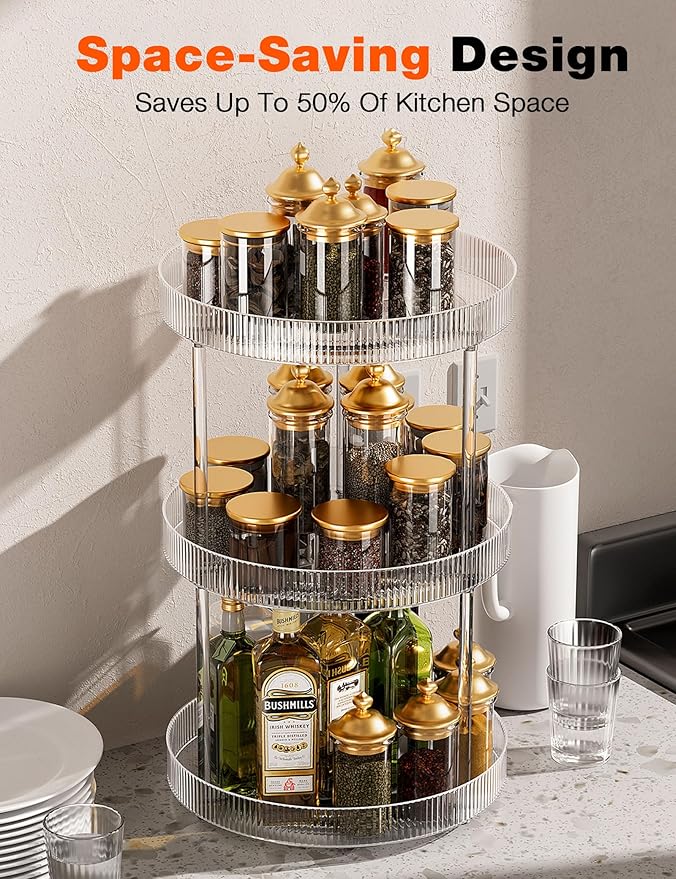 3 Tier Lazy Susan Bathroom Countertop Organizer, 360° Clear Rotating Makeup Cosmetic Perfume Storage Tray, Spinning Vanity Organizer Shelf for Bathroom Cabinet, Dresser, Kitchen(Large)-NeatNest