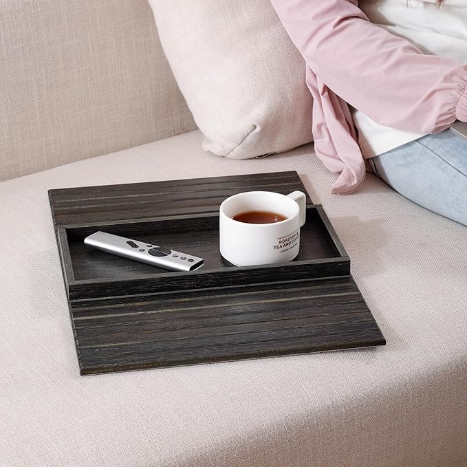 DETOR Couch Arm Tray, TV Tray with Capacious 12.4" x 5.4" Storage Box, Bamboo Grain Stained Black Color, Enhanced Nonslip Felt Bottom, Sturdy Bamboo Slats Material | for Armrests 6" and Wider-NeatNest