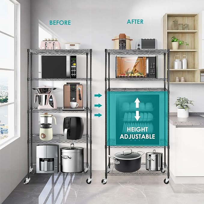 5 Tier Wire Shelving Unit, Adjustable Metal Storage Rack, Mobile Wire Shelves for Kitchen, Laundry, Bathroom, Pantry, Closet Organization (17.7" D x 35.5" W x 71" H, Black)