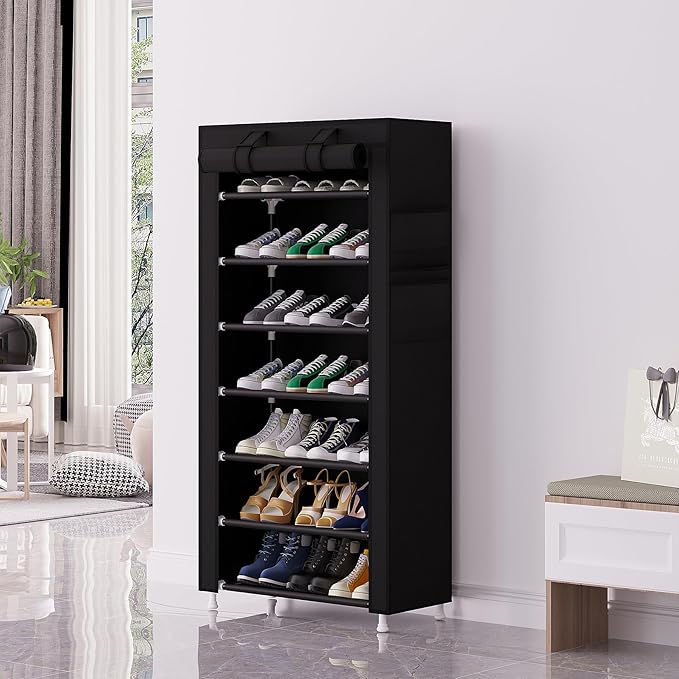 Calmootey 7 Tier Shoe Rack Organizer,Portable Shoe Shelf with Nonwoven Fabric Cover for Closet Hallway,Bedroom,Entryway,Black-NeatNest