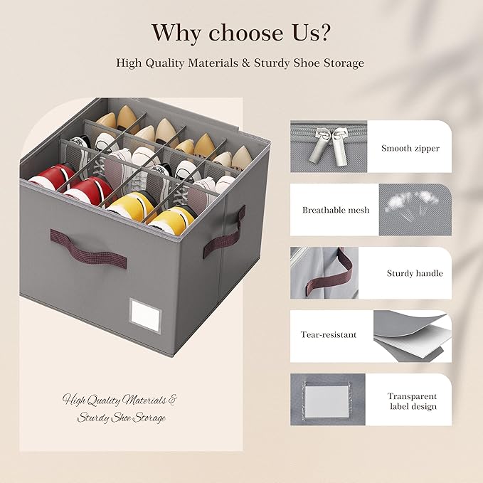 Criusia Shoe Organizer for Closet, 2 Pack Shoe Organizer with Transparent Cover and Sturdy Handles, Closet Shoe Storage for Sneakers Sandals Slippers, Fit 12-16 Pairs, Gray-NeatNest