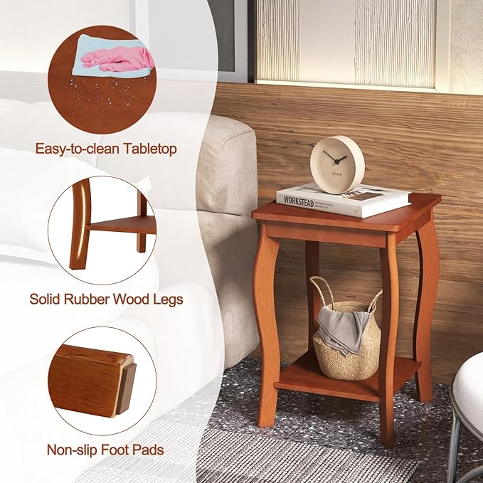 GOFLAME 2-Tier Square End Table, Mid-Century Modern Sofa Side Table with Storage Shelf, Solid Wood Legs, Compact Accent Table, Nightstand for Living Room, Bedroom, Small Space, Walnut