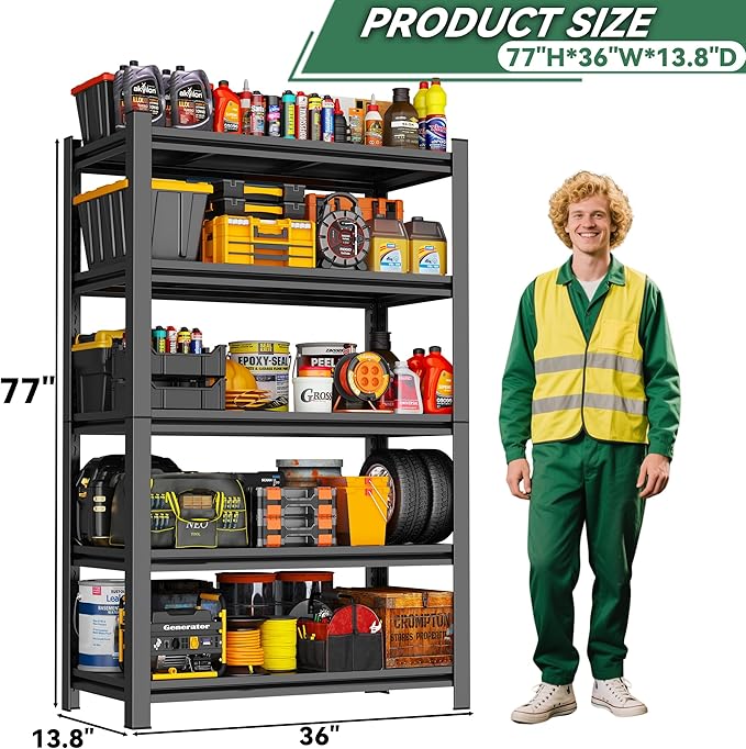 77"H/36"W Garage Shelving Heavy Duty,5 Tier Storage Shelves 3000lbs,Garage Shelves Metal Shelving Unit Industrial Utility Shelf Organization Rack for Warehouse Kitchen (5 Tier 77"H*36"W*13.8"D)-NeatNest