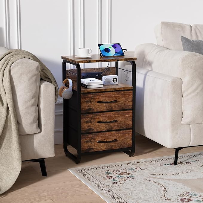 Bed Side Table with 3 Fabric Drawers, Night Stand with Charging Station, LED Nightstand with Hooks, Bedside Table End Table with Storage, Night Table for Living Room, Bedroom (Rustic Brown)-NeatNest