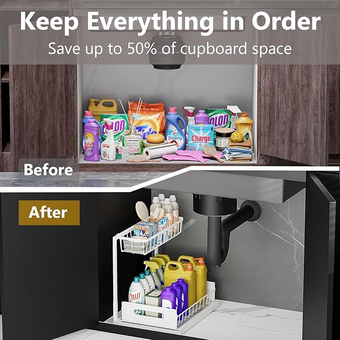 Under Sink Organizers and Storage 2 Tier Slide Out Kitchen Cabinet Organizer Sturdy Metal Bathroom Storage (White, 1 Pack)-NeatNest