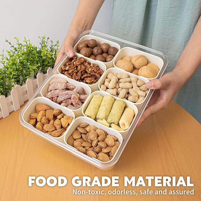 Divided Serving Tray with Lid and Handle,8 Compartments Snacks Box,Snack Fruit Tray,Veggie Tray,Portable Platter for Candy Fruits Nuts Snack Party Entertaining Picnic(2 PCS)-NeatNest