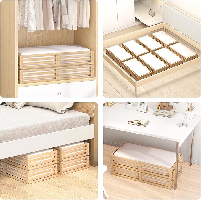 Bamboo Under Bed Storage Containers- Underbed Organizer with Wheels with Large Capacity Dust Bag,Sturdy Wood Rolling Under Bed Shoe Storage Organizer 2 Packs (Nature, 2 Packs (33.07"×16.54"))-NeatNest