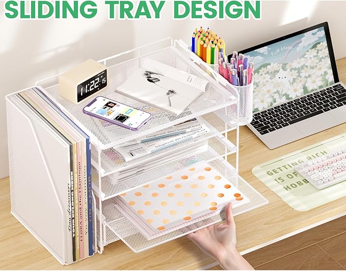 Desk Organizers and Accessories, 5-Tier Paper File Organizer with Drawer & Pen Holder, Office Desk Accessories Workspace Desktop Organizer for Office Supplies (White)-NeatNest
