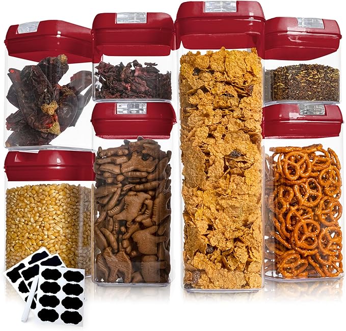 Cheer Collection Airtight Food Storage Containers – Set of 7 Stackable Pantry Organizers with Secure Lids, Kitchen Containers for Dry Goods, Flour, Sugar & More, Red