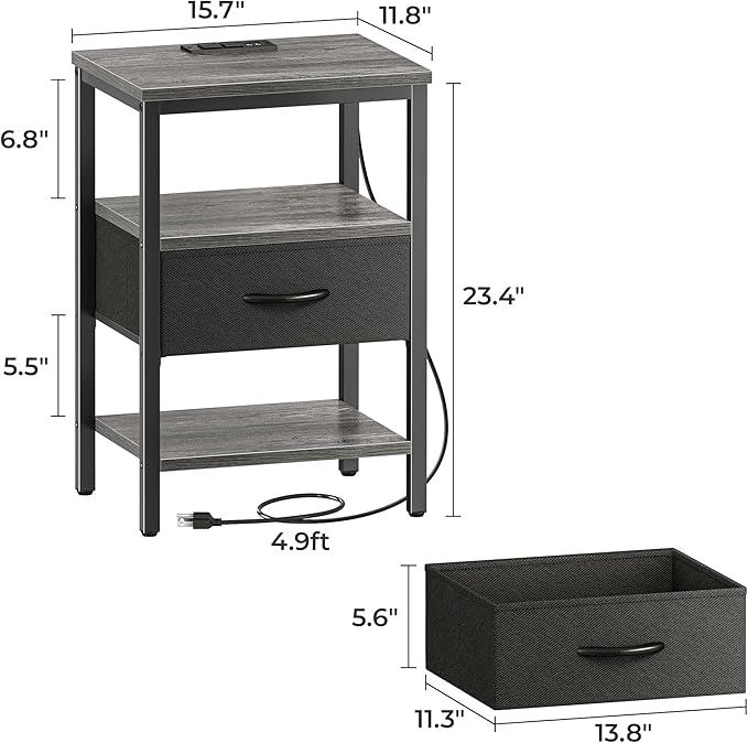 SUPERJARE Nightstand Set of 2, Bed Side Tables with Charging Station, Adjustable Fabric Drawer, Night Stand for Bedroom, 3-Tier Storage End Tables, for Living Room - Charcoal Gray