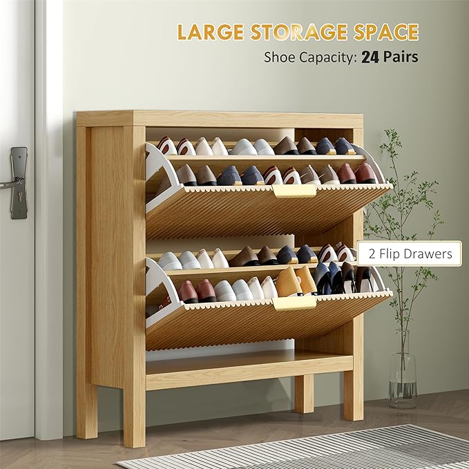 Modern 2-Tier Flip Drawer Shoe Cabinet, Freestanding Hidden Slim Narrow Shoe Rack Cabinet, Wooden Large Capacity Shoe Storage Cabinet Shoe Organizer, for Entryway, Hallway, Natural X2-NeatNest