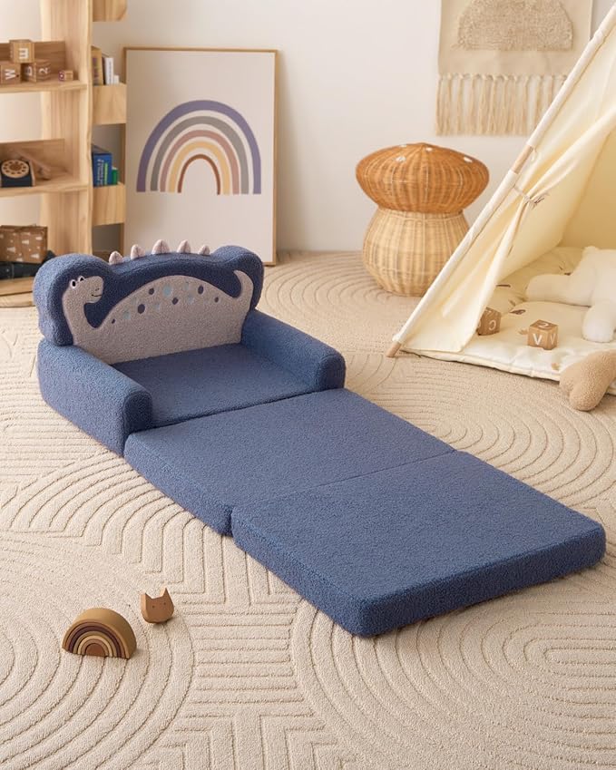 Blissful Diary Kids Couch, 2-in-1 Soft Toddler Couch Fold Out, Toddler Chair Comfy, Convertible Sofa to Lounger, Kids Furniture for Playroom, Gift for Birthday, Children's Day, Blue Dinosaur-NeatNest