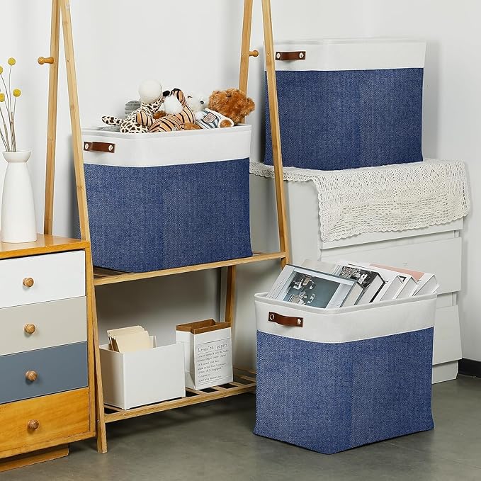 DULLEMELO Large Storage Basket 17"x12"x15",Fabric Organizer Bin for Storage Clothes, Toys, Books,Storage Bin with Handles for Bedroom, Closet, Nursery (White&Blue,1 Pack)-NeatNest