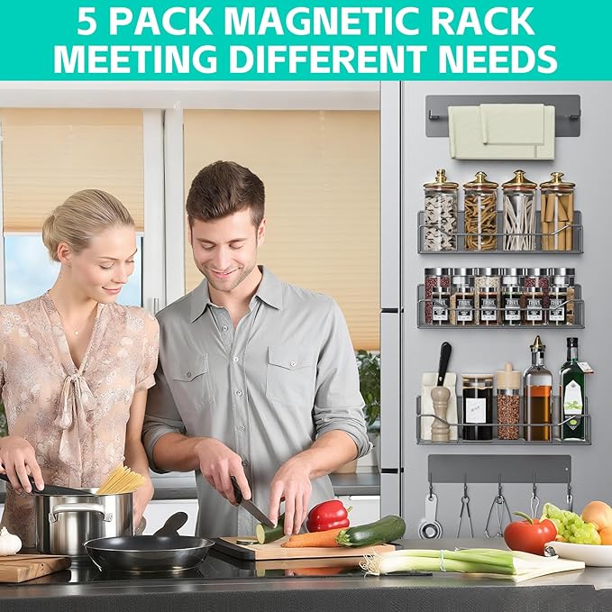 5 Pack Multifunctional Magnetic Shelves for Washing Machine & Refrigerator - Heavy Duty Laundry Room Organization System with Tool Hooks, Metal Storage Baskets (Grey)
