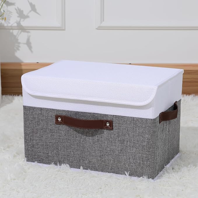 ANMINY Storage Boxes with Lids Washable Decorative Storage Bins Basket with PU Leather Handle Foldable Linen Fabric Storage Cubes Containers for Home Closet Organizer - Gray White, Large Size-NeatNest