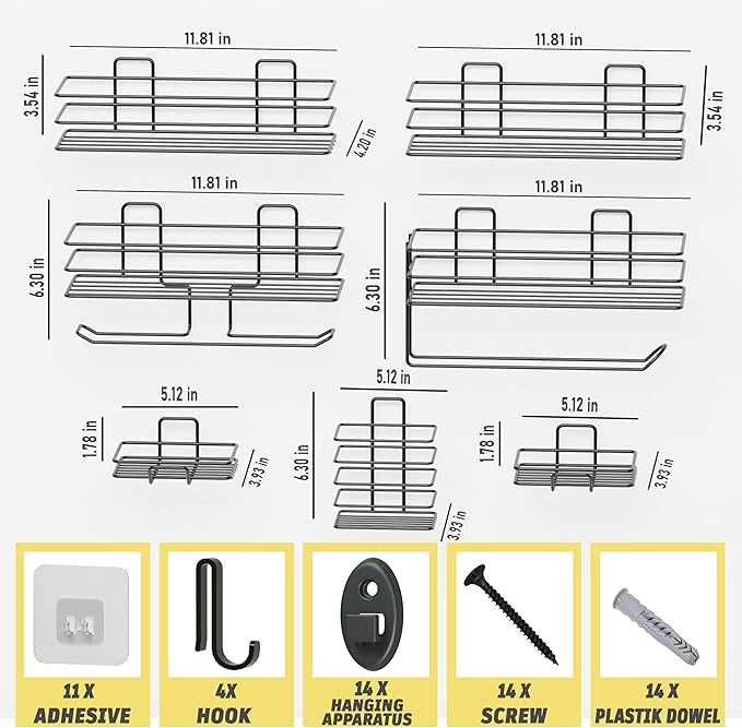 DEKULA Adhesive Shower Caddy 7 Pack Shower Shelves Organizer for Bathroom Storage, Rustproof Stainless Steel Bath Organizers, Kitchen, Adhesive or Screw, Soap Dish Hooks Wall Shelf Toilet Paper Holder