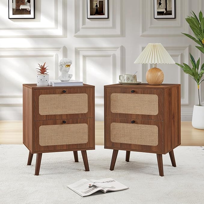Set of 2 Night Stand with 2 Drawers, Mid Century Modern Nightstands with Nature Linen Panel, Wood Bedside Table Rustic End Table Side Tables for Small Space, Dorm, Bedroom (Walnut)(Walnut)