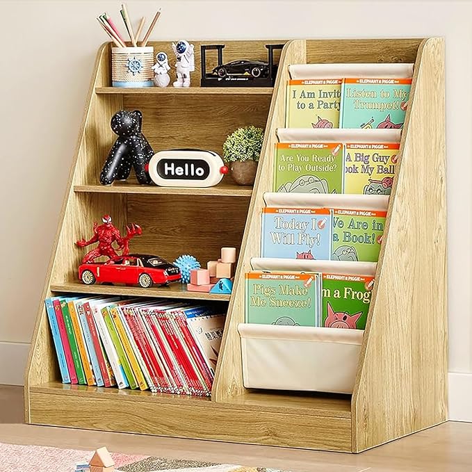 4-Tier Kids Wooden Bookshelf and Toy Storage, 4 Layer Sling Children Bookcase, Book Display Shelf for Kids Bedroom, Playroom, Nursery, Classroom