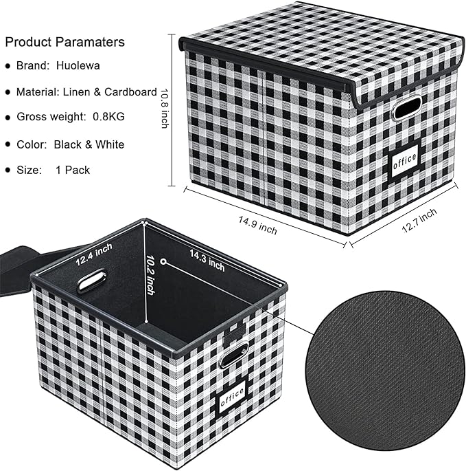 Huolewa Collapsible File Storage Organizer Box with Lid, Lattice Linen Office Document Storage, Universal Hanging Filing Organization Box for Letter/Legal Folder, Decorative Home File Bin